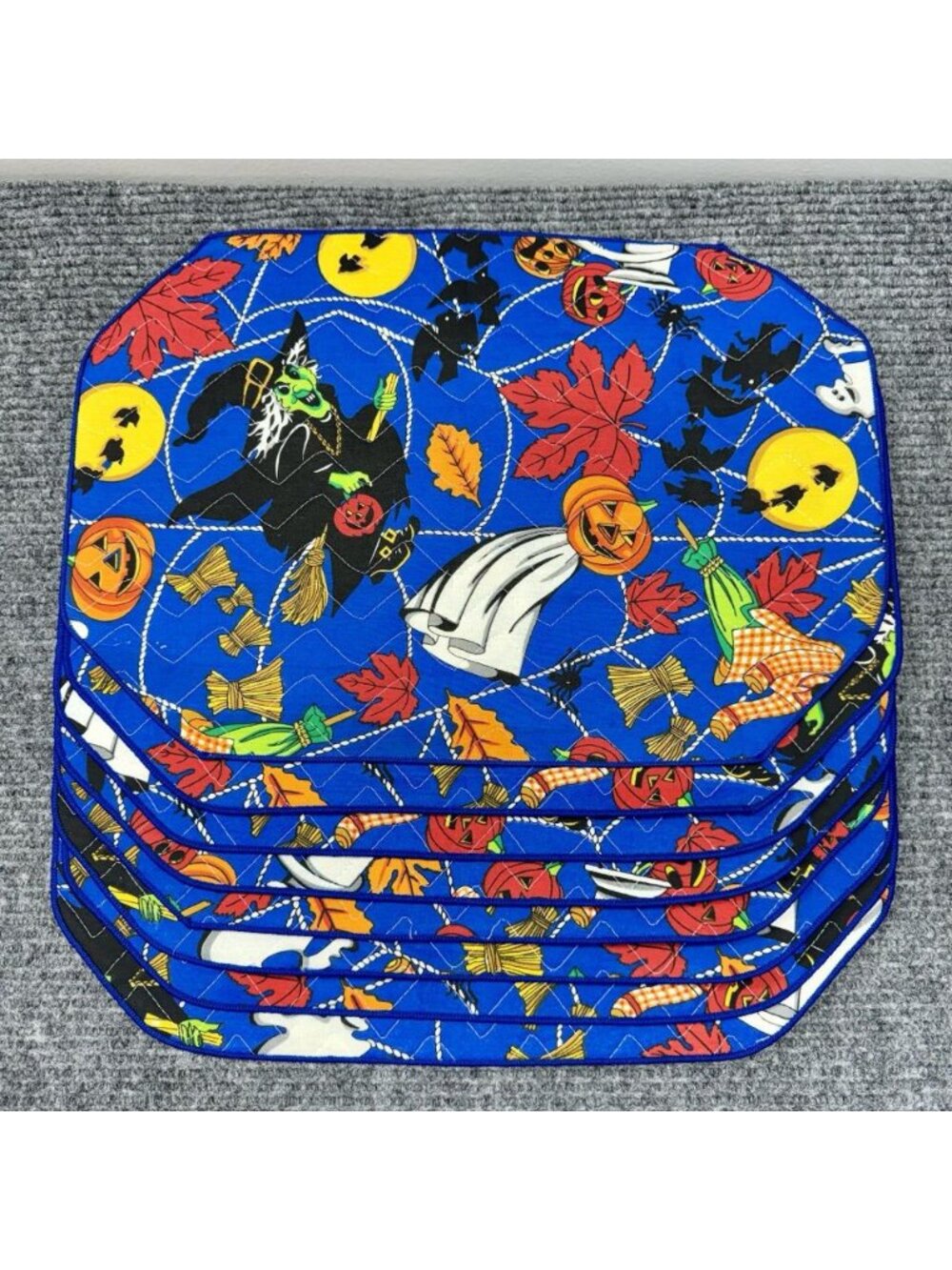 Vintage x8 Halloween Placemats Fabric Quilted Pumpkin Witch Ghost Reversible 90s